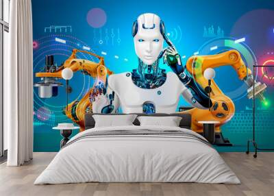 Industry 4.0 concept banner. Robot with AI control production line on smart factory. Cybernetic Artificial intelligence automates the production process and communications with robotics arms. Wall mural