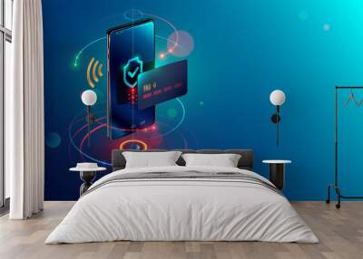 Isometric mobile phone and internet banking. online payment security transaction via credit card. protection shopping wireless pay through smartphone. digital technology transfer pay. Wall mural