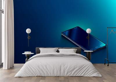 modern black smart phone lies on a smooth dark blue surface or table in perspective view. realistic  Wall mural