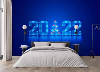 New Year digits 2022 and Christmas tree in tech style. 20 22 consist of 8 bit neon dots or pixels on blue background. 2022 New Year card of digital technology industry. Xmas holiday computer banner. Wall mural