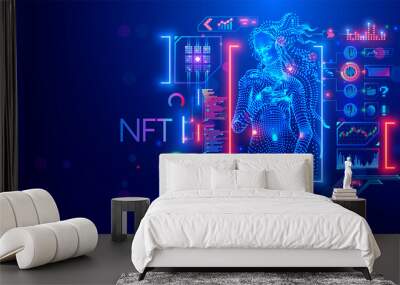 NFT token in artwork. Blockchain technology in digital crypto art, computer illustration, design. Create ERC20 of collectibles. Investment in cryptographic. Birth of Venus. Conceptual banner. Wall mural