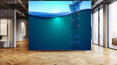 Oil offshore Drilling Platform in the ocean at dawn. Beautiful background for oil industry. Oil rig in the light of lanterns and spotlights. Split view over and under water surface. Classic spar. Wall mural