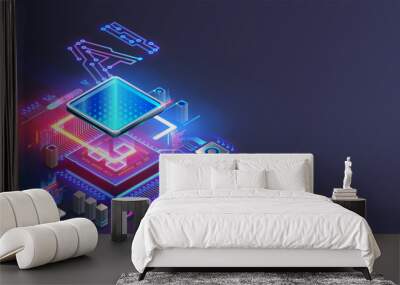 Processor with integration AI. AI Letters on chip. CPU connected to motherboard . Artificial intelligence technology in electronic chip on pcb board. Hardware tech conceptual background. 3d Vector. Wall mural