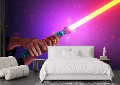 red light saber or sword in hand knig. cosplay party poster. warrior in a dark hoodie holds the hilt Wall mural