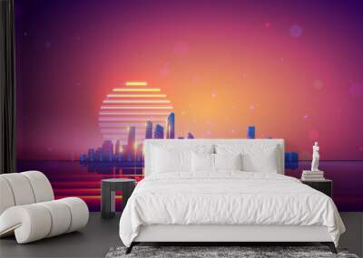 Retro tech city landscape background. Futuristic technology cityscape landscape on sunset. Digital neon color future city 80s technology background. Silhouette of city on horizon. Retro futurism. Wall mural