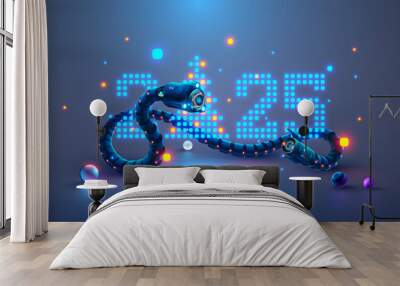 Robot snake with AI wrapped around number of new year 2025. Christmas and new year greeting card with robot snake, digits 2025 in digital computers electronics technology style. China zodiac snake. Wall mural