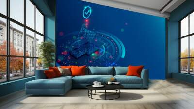 Smart Home Security System concept background. Protection software of IOT or internet of things. Cyber security of house devices. 3D isometric home of lights digits protected shield. Wall mural