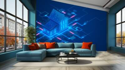 Smart home technology conceptual banner. Building consists digits and connected with icons of domestic smart devices. illustration concept of System intelligent control house on blue background. IOT. Wall mural