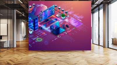 Software development isometric concept. Web design, develop app of different devices. Create programm of laptop, PC, mobile phone. Technology process of Software develop. Computer tech illustration. Wall mural