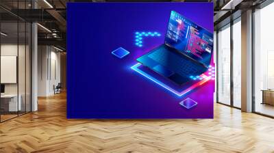 Software development. Programming, coding and software testing on laptop. Laptop hanging over table with program code on the screen. Digital Computer technology isometric background concept. Wall mural