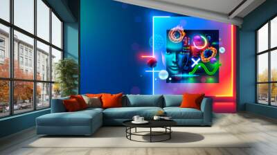 Technology abstract background. computer digital futuristic neon square frame with AI face, 3d geometric shapes in cyberspace. Artificial intelligence head. Abstract digital computer tech banner. Wall mural