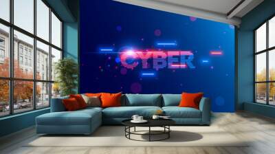 Vector neon letters of word Cyber in Retro cyberpunk style 80th or 90th. Glowing text cybermonday on web banner of online shopping. Logo or tag cyber of stripes, lines. Vintage computer technology Wall mural