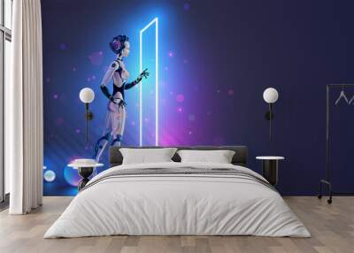 Woman robot or cyborg with AI enters futuristic door. AI or artificial intelligence learning concept. AI technology. Computer neural network training in image of female robot. Robot comes to door. Wall mural