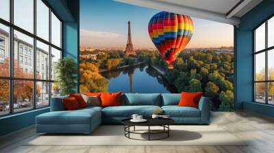 Colorful Hot Air Balloon Above Paris France Near The Eiffel Tower - Generative AI. Wall mural