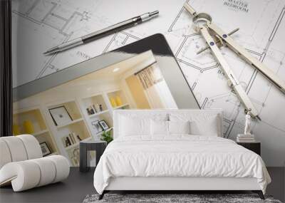 Computer Tablet with Finished Built-in Shelves and Cabinets Over House Plans, Pencil and Compass. Wall mural