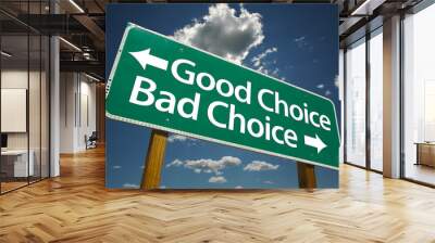 good choice, bad choice road sign with blue sky and clouds. Wall mural