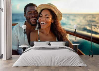 Happy African American Couple Laughing While Boating on the Ocean. Generative AI. Wall mural