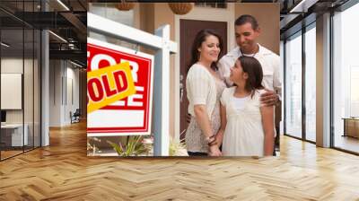 Hispanic Family in Front of Their New Home with Sold Sign Wall mural