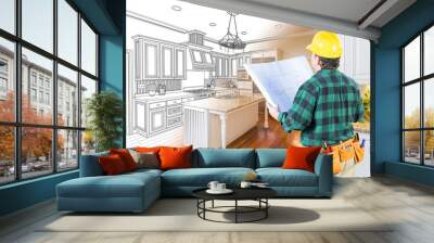 male contractor with hard hat and plans looking at custom kitchen drawing photo combination on white Wall mural