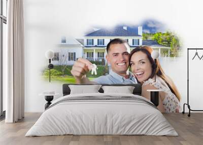 Military Couple with Keys Over House Photo in Cloud Wall mural