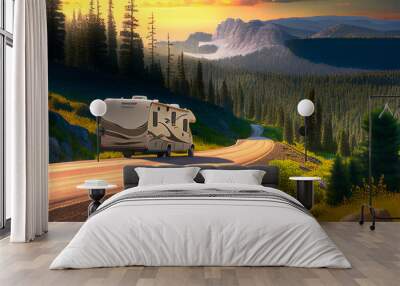 RV Camper Driving Down the Mountain Road - Gerative AI. Wall mural