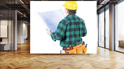 Transparent PNG View from Behind Male Contractor with Hard Hat,Tool Belt and Mechanical Drawings. Wall mural