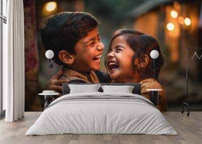 Two Beautiful Indian Children Laughing and Playing Together Outside - Generative AI. Wall mural