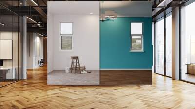 Unfinished Raw and Newly Remodeled Room of House Before and After with Wood Floors, Moulding, Rich Blue Paint and Ceiling Lights. Wall mural