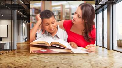 Upset Hispanic Young Boy and Famle Adult Studying At Library Wall mural