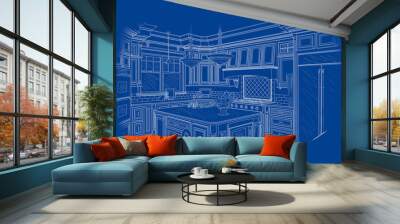 White Custom Kitchen Design Drawing on Blue Wall mural