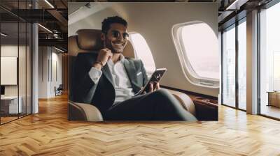 Young Adult Affluent Indian Man Talking on His Cell Phone In His Private Executive Jet - Generative Ai. Wall mural