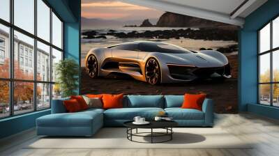 futuristic hyper car on the sunset beach Wall mural