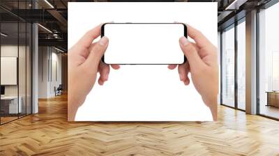 Isolated human two hands holding black mobile white display smartphone Wall mural