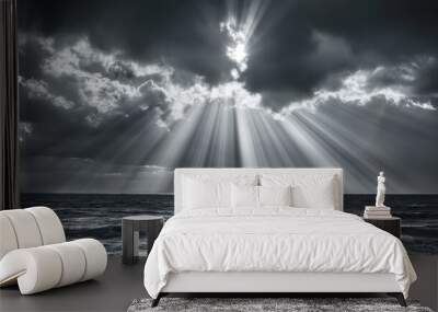 Background with crepuscular rays shing through clouds over ocean, AI-generative Wall mural