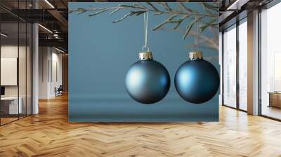 Blue Christmas ornaments on tree branch, AI-generative Wall mural