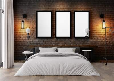 Three black frames on red brick wall with dramatic lighting, AI-generative Wall mural