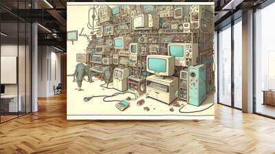 This eye-catching illustration showcases the overwhelming presence of technology in our lives. Ideal for articles about digital addiction or the pervasiveness of computers in modern society. Wall mural