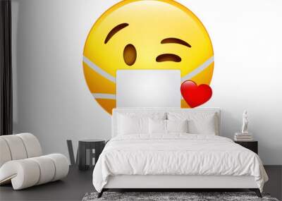 Yellow happy smiling kissing face emoji icon with mask and heart Wall mural