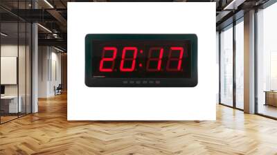 close up red led light illumination numbers 2017 on black digital electric alarm clock face isolated on white background, time symbol concept for celebrating the New Year Wall mural