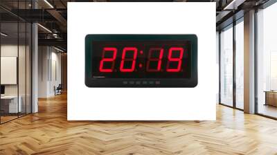 close up red led light illumination numbers 2019 on black digital electric alarm clock face isolated on white background, time symbol concept for celebrating the New Year Wall mural