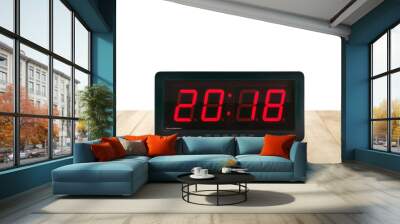 red led light illuminated numbers 2018 on digital electric alarm clock face on brown wooden table isolated on white background, close-up time symbol concept for beginning new year or end of the year Wall mural