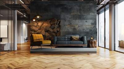 interior of a dark living room, dark stone interior, slate Wall mural