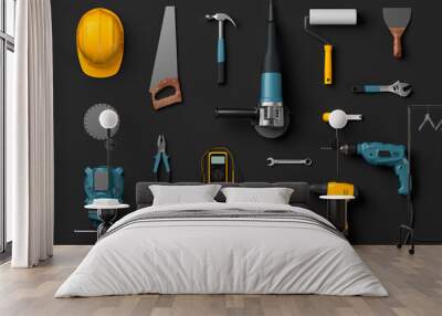 helmet, drill and construction tools Wall mural