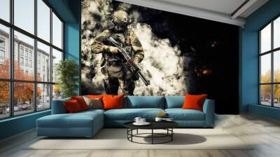 American soldier comes out of the smoke on the battlefield. The concept of military special operations. Computer games. Wall mural