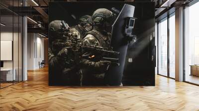 Armed group of special forces against the background of a destroyed building. The concept of game simulators. SWAT group. Antiterrorism. Wall mural