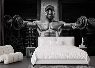 Muscular athlete lifts dumbbells. Shoulder pumping. Fitness and bodybuilding concept. Wall mural