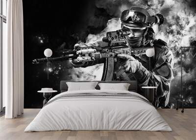 Portrait of a special forces soldier who is aiming at a collimator sight of a machine gun. The concept of special military units. Computer games. Wall mural