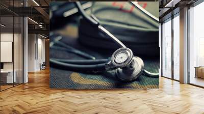 Stethoscope lies on the uniform of a US soldier. The concept of health care, military insurance, state care. Top view. Wall mural