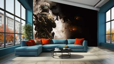 The fighter of the special unit turned and threateningly looks at the enemy. Back view. Wall mural