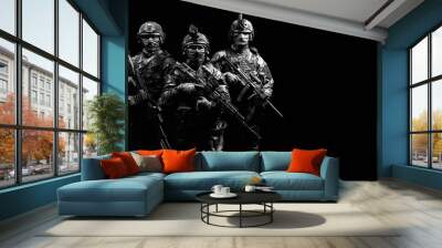 Three soldiers in uniform with a weapon in their hands are looking menacingly. Wall mural